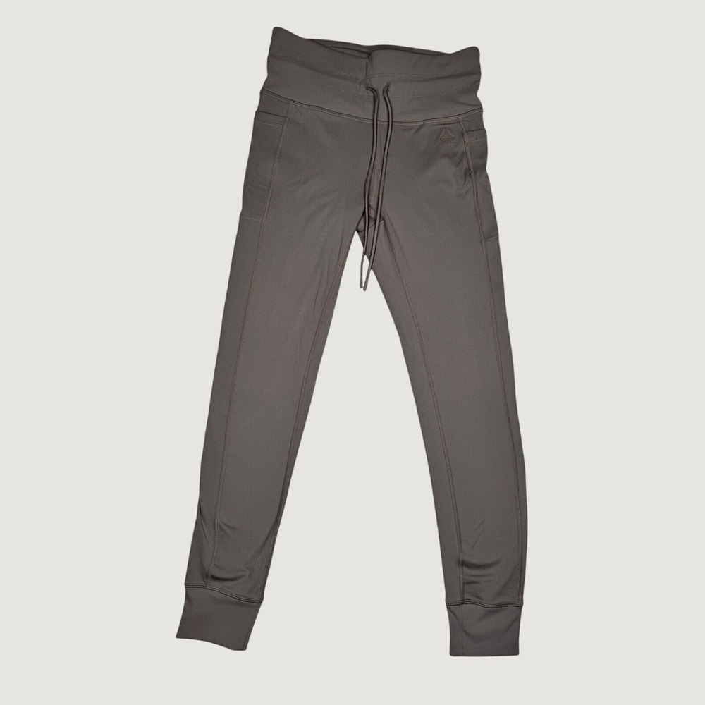 Reebok Womens High Waisted Jogger Leggings Taupe Brown S Drawstring Pockets